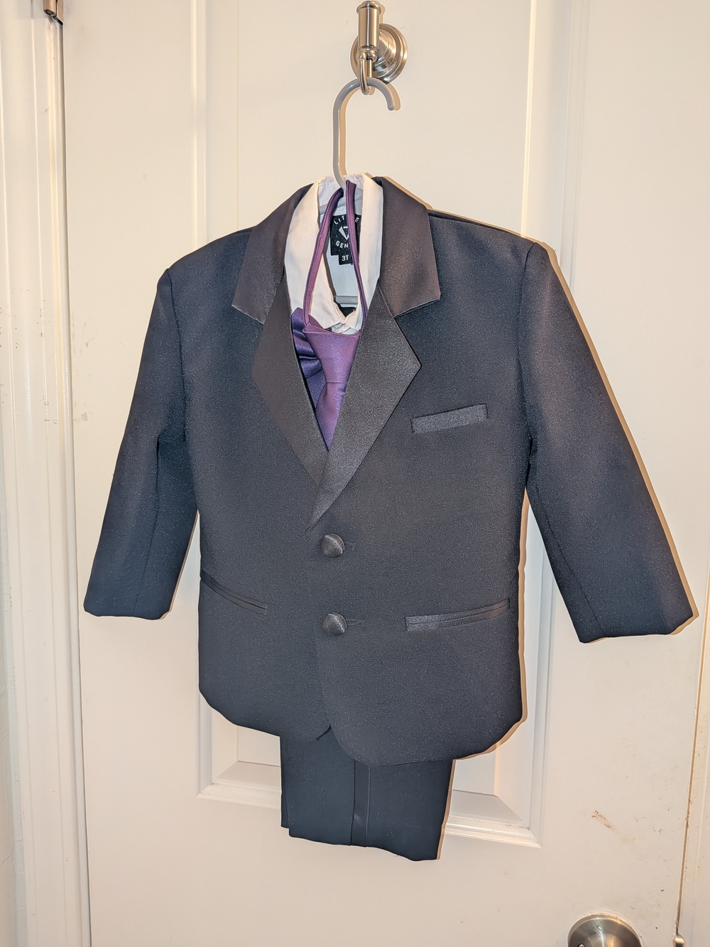 Boys Black Tuxedo Suit with Purple Tie